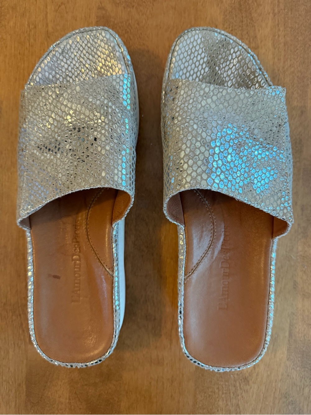 Slide Sandals in Metallic Silver Snake-Embossed - Women